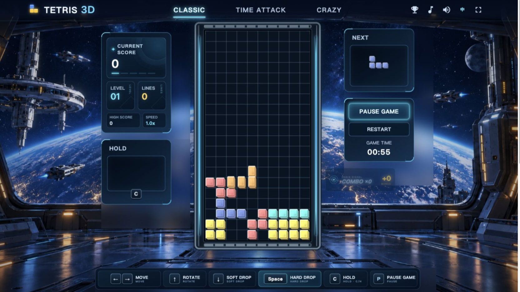 Complete Tetris Space Theme interface with game statistics, the playfield, piece previews, and keyboard controls