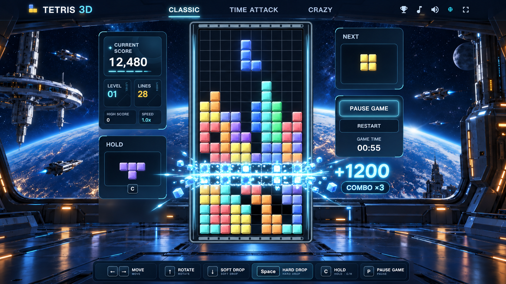 Tetris Space Theme game in progress with a filled board, line-clear energy effect, combo, and animated score reward